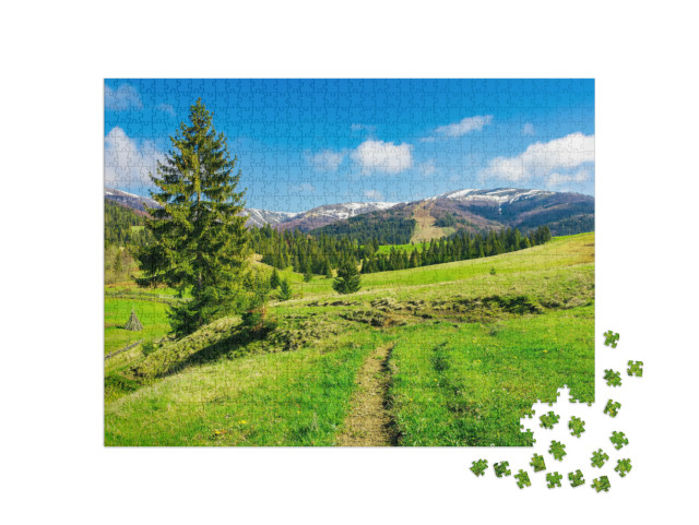 Puzzle 1000 Teile „Berge im Frühling, frischer Wald und Wiese“