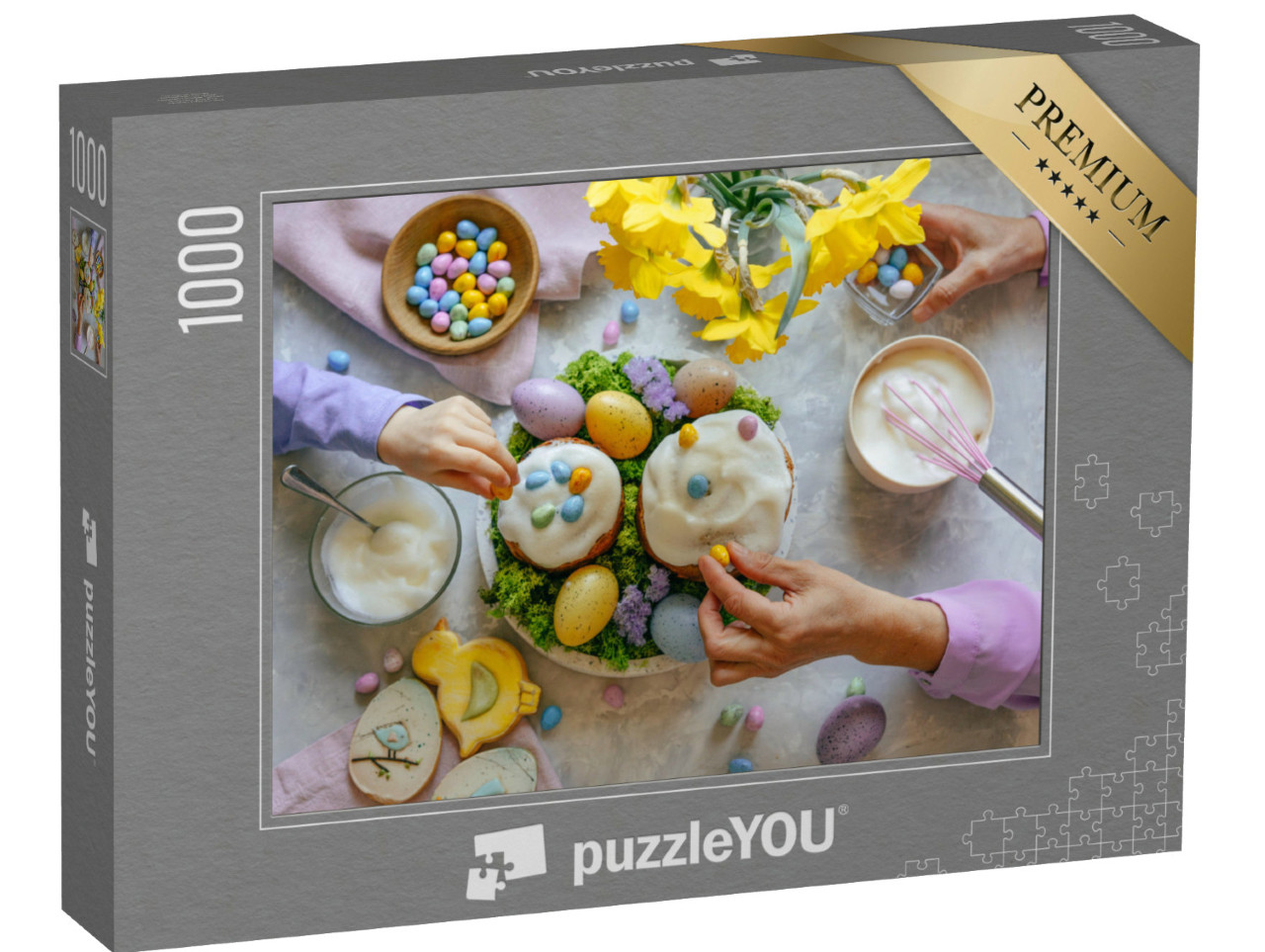 Puzzle 1000 Teile „Osterkuchen wird mit bunten Ostereiern verziert“