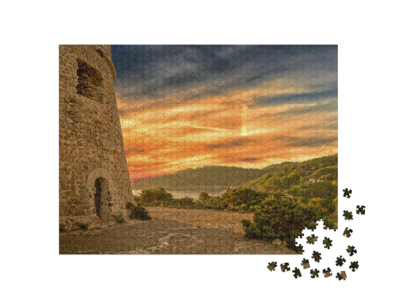 Puzzle 1000 Teile „Turm von Sal Rossa bei Sonnenaufgang in Ibiza, Spanien“