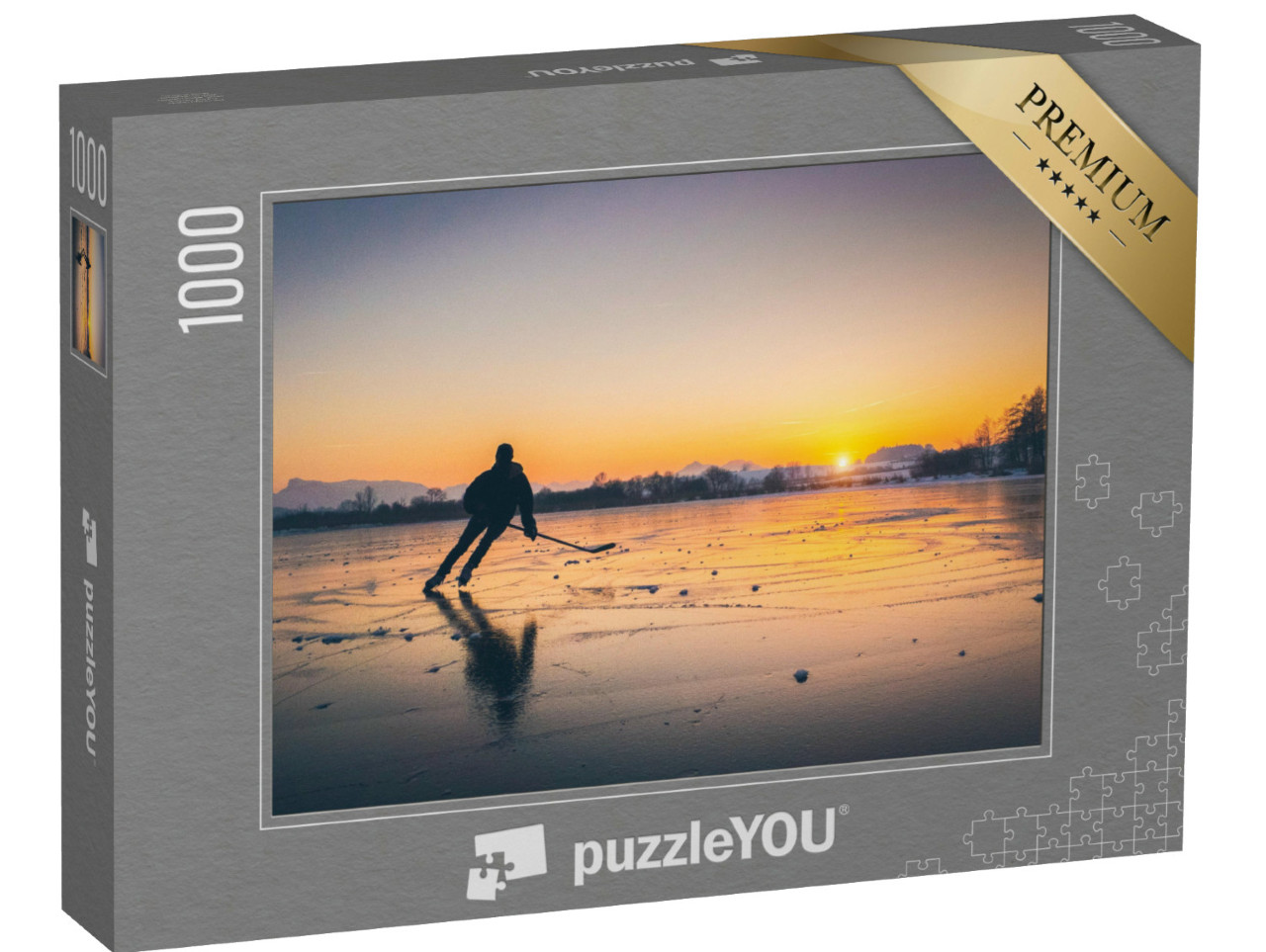 Puzzle 1000 Teile „Silhouette eines jungen Eishockeyspielers auf einem zugefrorenen See“