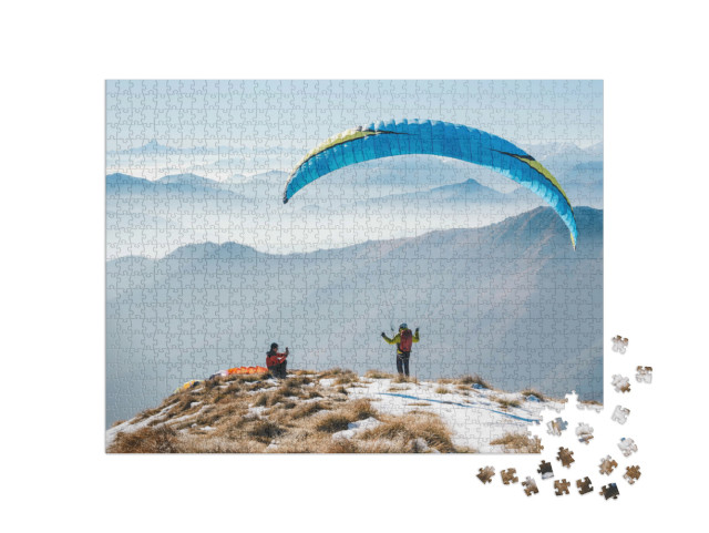Puzzle 1000 Teile „Kurz vor dem Start: Gleitschirmfliegen in den Bergen“