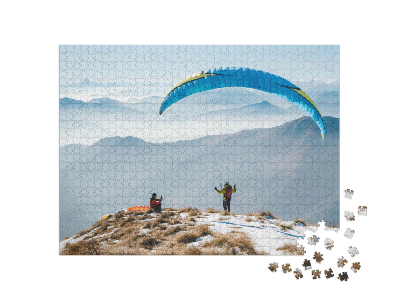 Puzzle 1000 Teile „Kurz vor dem Start: Gleitschirmfliegen in den Bergen“
