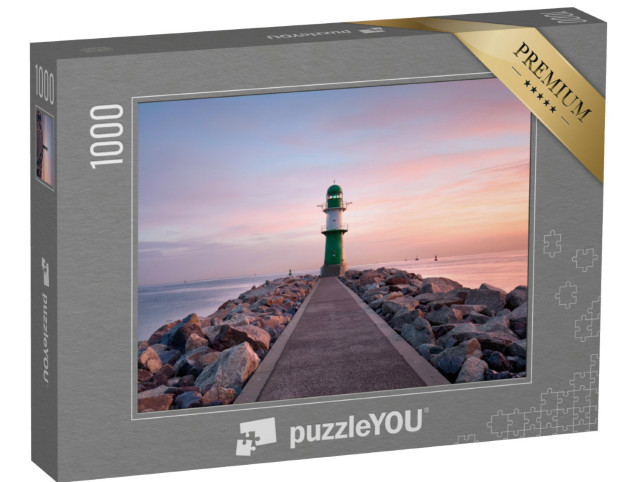 Puzzle 1000 Teile „Leuchtturm von Warnemünde bei Sonnenuntergang, Ostsee“