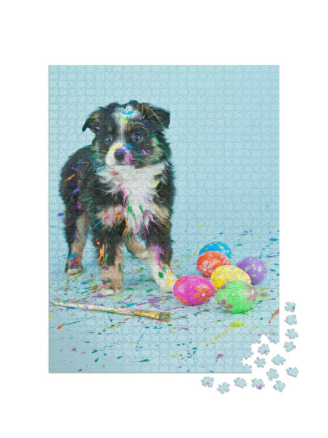 Puzzle 1000 Teile „Süßer Welpe beim Ostereier bemalen“