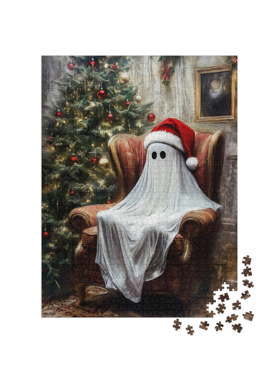 Puzzle 1000 Teile „Baby Geist mit Weihnachtsmannmütze neben dem Weihnachtsbaum“