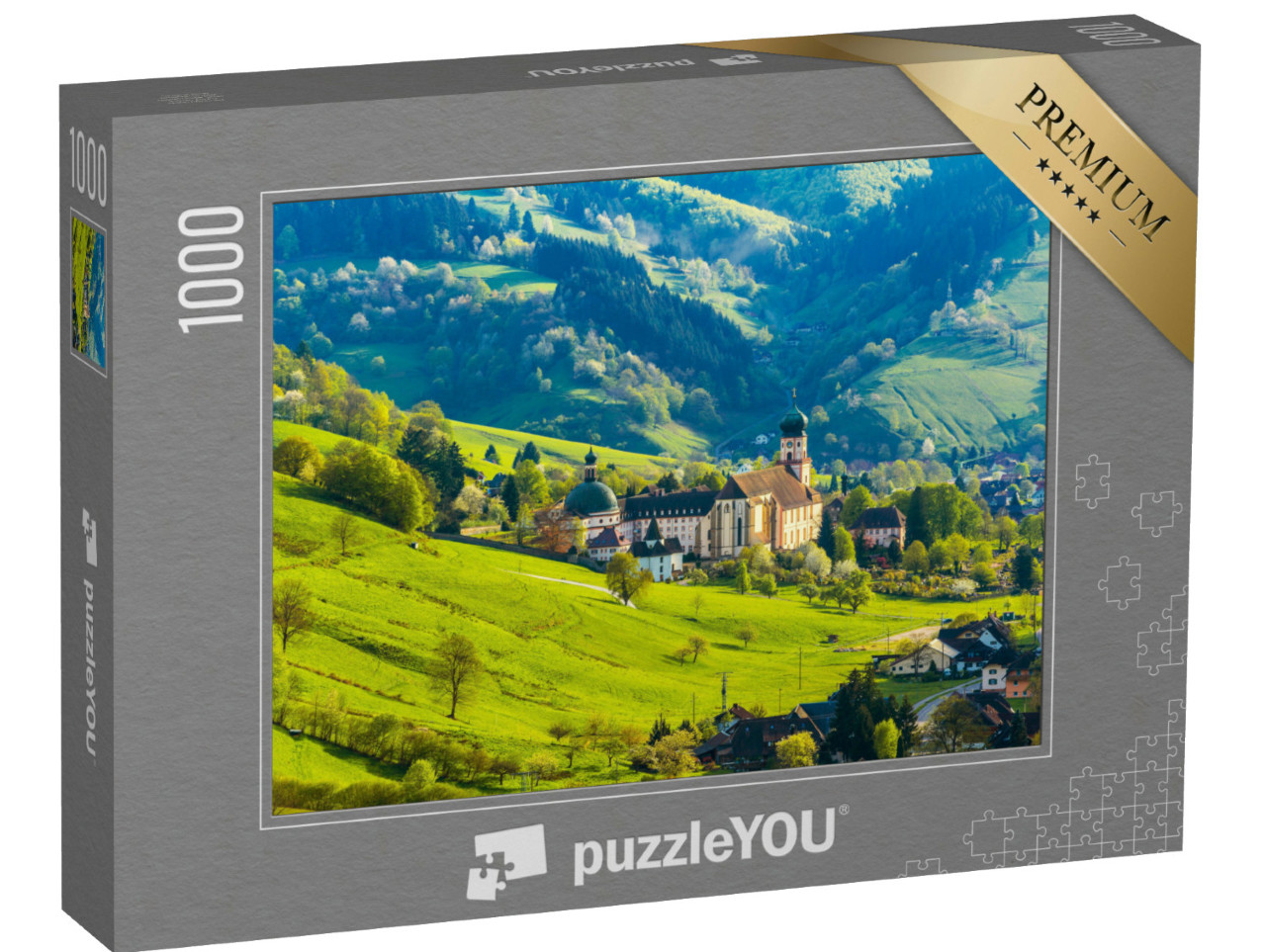 Puzzle 1000 Teile „Malerisches Bergdorf mit Häusern und Kloster, Münstertal, Schwarzwald“