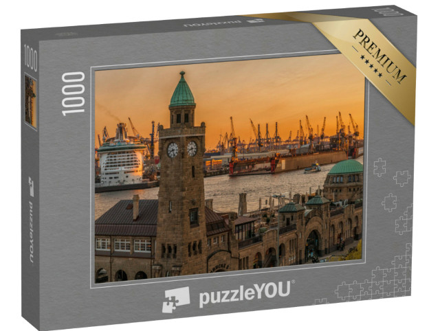 Puzzle 1000 Teile „Sonnenuntergang über den Landungsbrücken und dem Hafen in Hamburg“