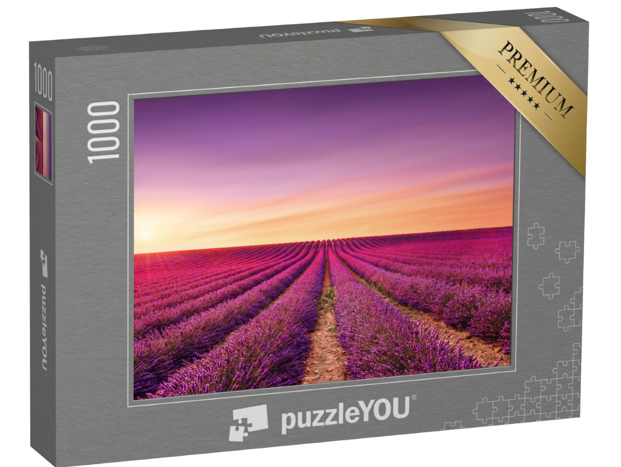 Puzzle 1000 Teile „Lavendelblüten: blühende Felder bei Sonnenuntergang, Provence, Frankreich“