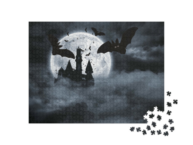 Puzzle 1000 Teile „Fledermäuse fliegen vor Draculas Schloss“