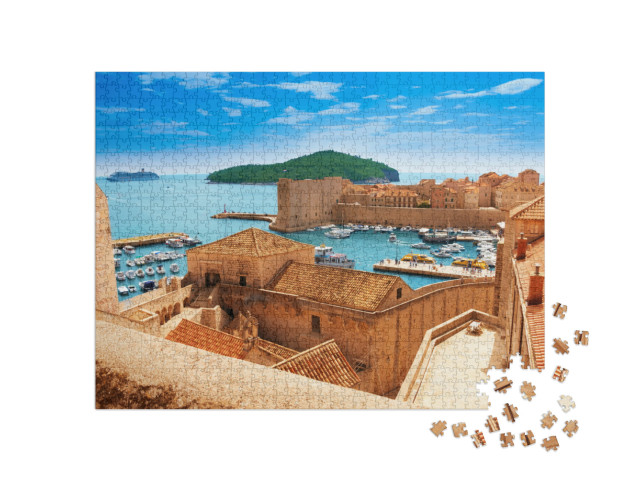 Puzzle 1000 Teile „Hafen von Dubrovnik von den alten Stadtmauern“