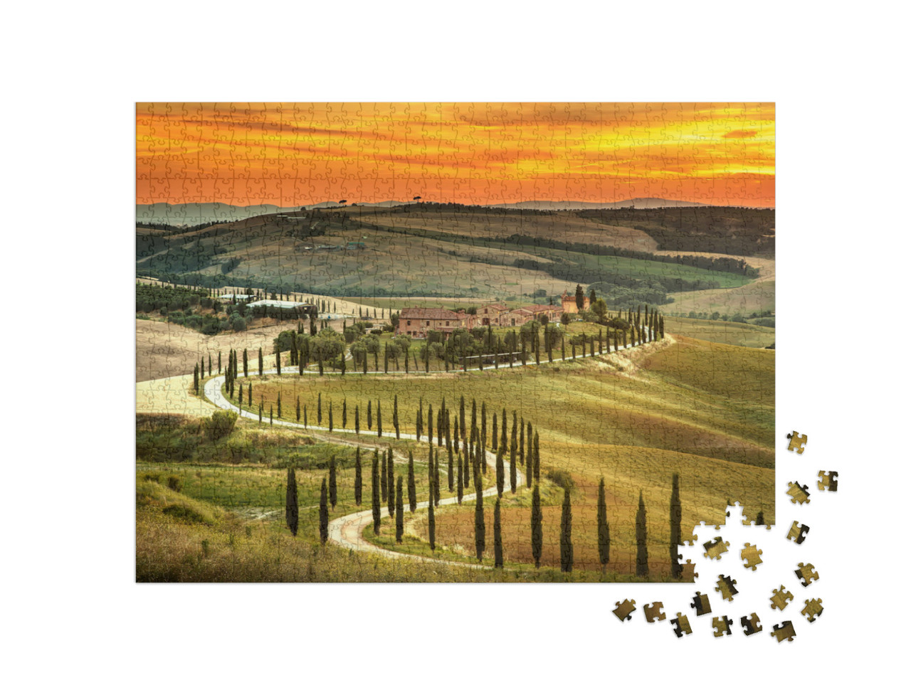 Puzzle 1000 Teile „Sonnenuntergang über der Landschaft der Toskana, Italien“