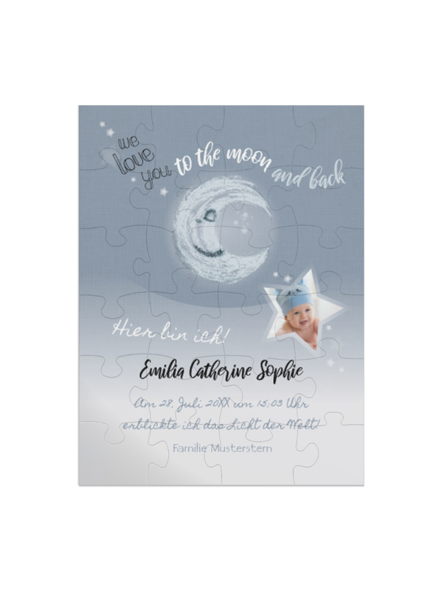 "To the moon" in Hochformat taubenblau