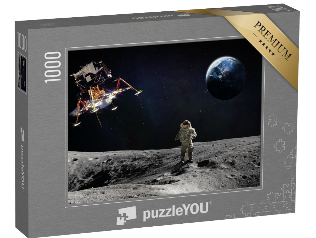 Puzzle 1000 Teile „Mondoberfläche mit Astronaut und landendem Raumschiff“