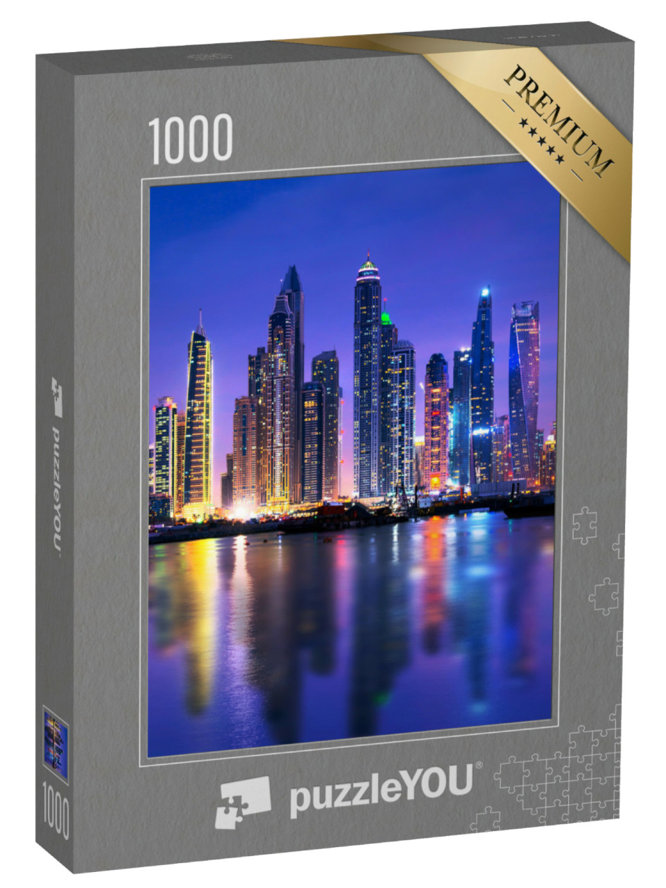 Puzzle 1000 Teile „Skyline des Jachthafens von Dubai bei Nacht“