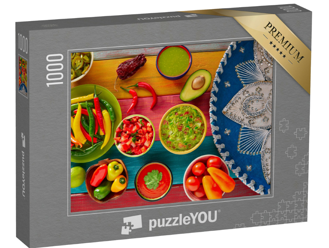 Puzzle 1000 Teile „Mexikanische Rezepte: Guacamolem Nachos, Chilisauce und Pico de Gallo“