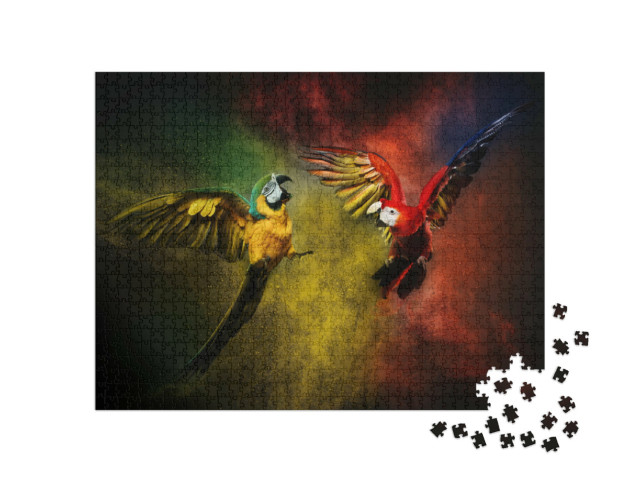 Puzzle 1000 Teile „Zwei Papageien kämpfen gegen eine bunte Pulverexplosion“