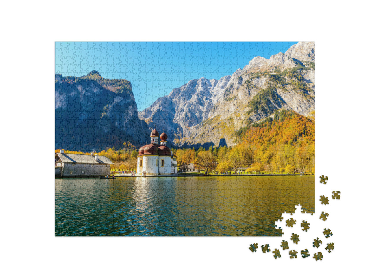 Puzzle 1000 Teile „Kirche St. Bartholomäus am Königssee im Herbst, Bayern, Deutschland“