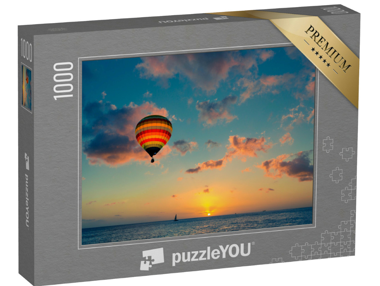 Puzzle 1000 Teile „Heißluftballon über dem Meer bei Sonnenuntergang“