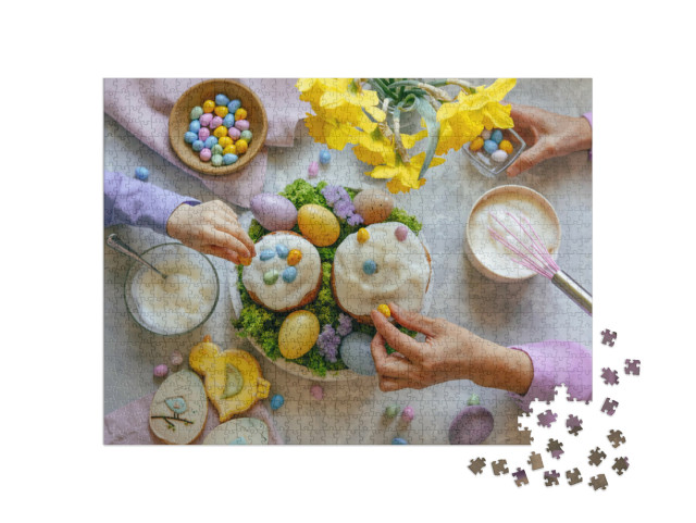 Puzzle 1000 Teile „Osterkuchen wird mit bunten Ostereiern verziert“