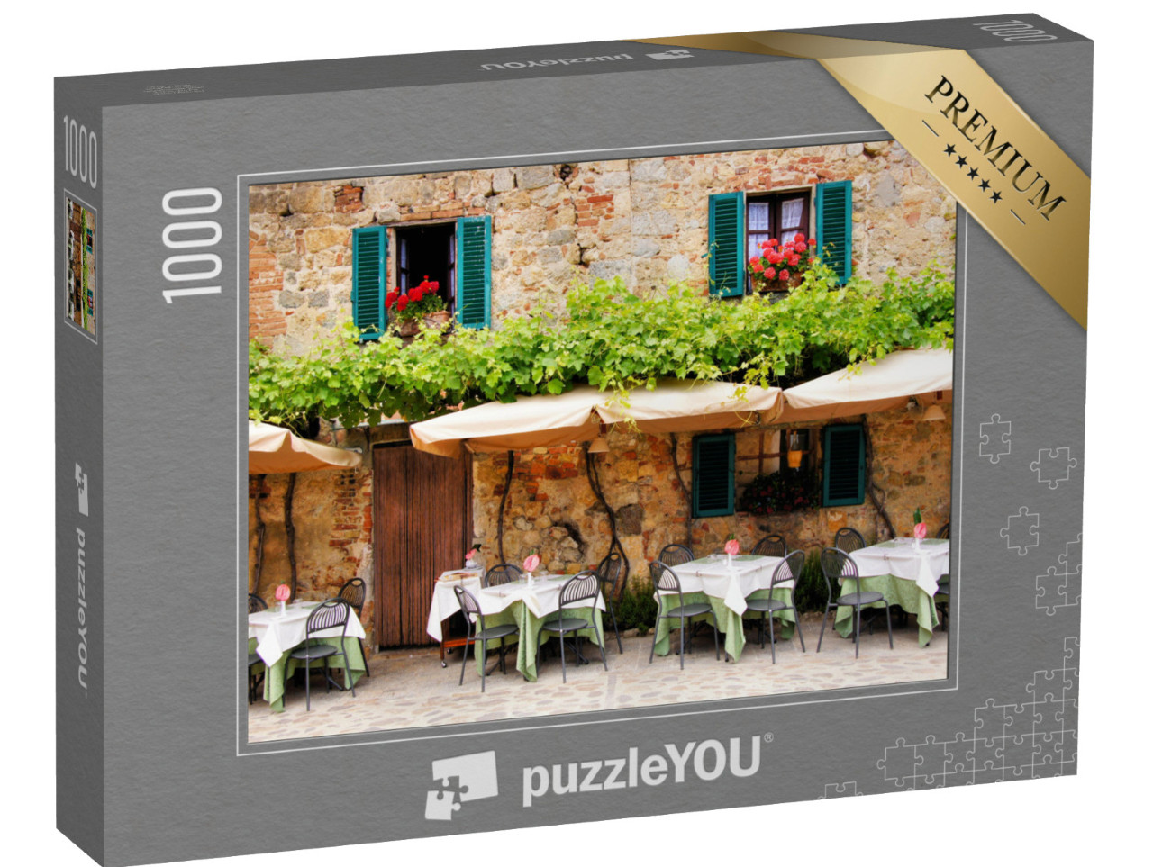 Puzzle 1000 Teile „Café-Tische und Stühle vor einem malerischen Steingebäude in der Toskana, Italien“