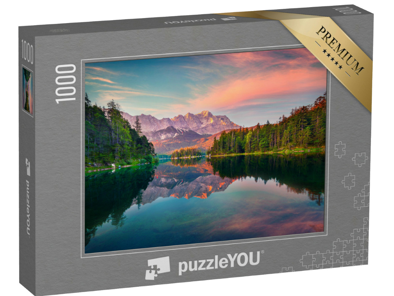 Puzzle 1000 Teile „Beeindruckender Sonnenaufgang am Eibsee mit Zugspitze, Deutschland“