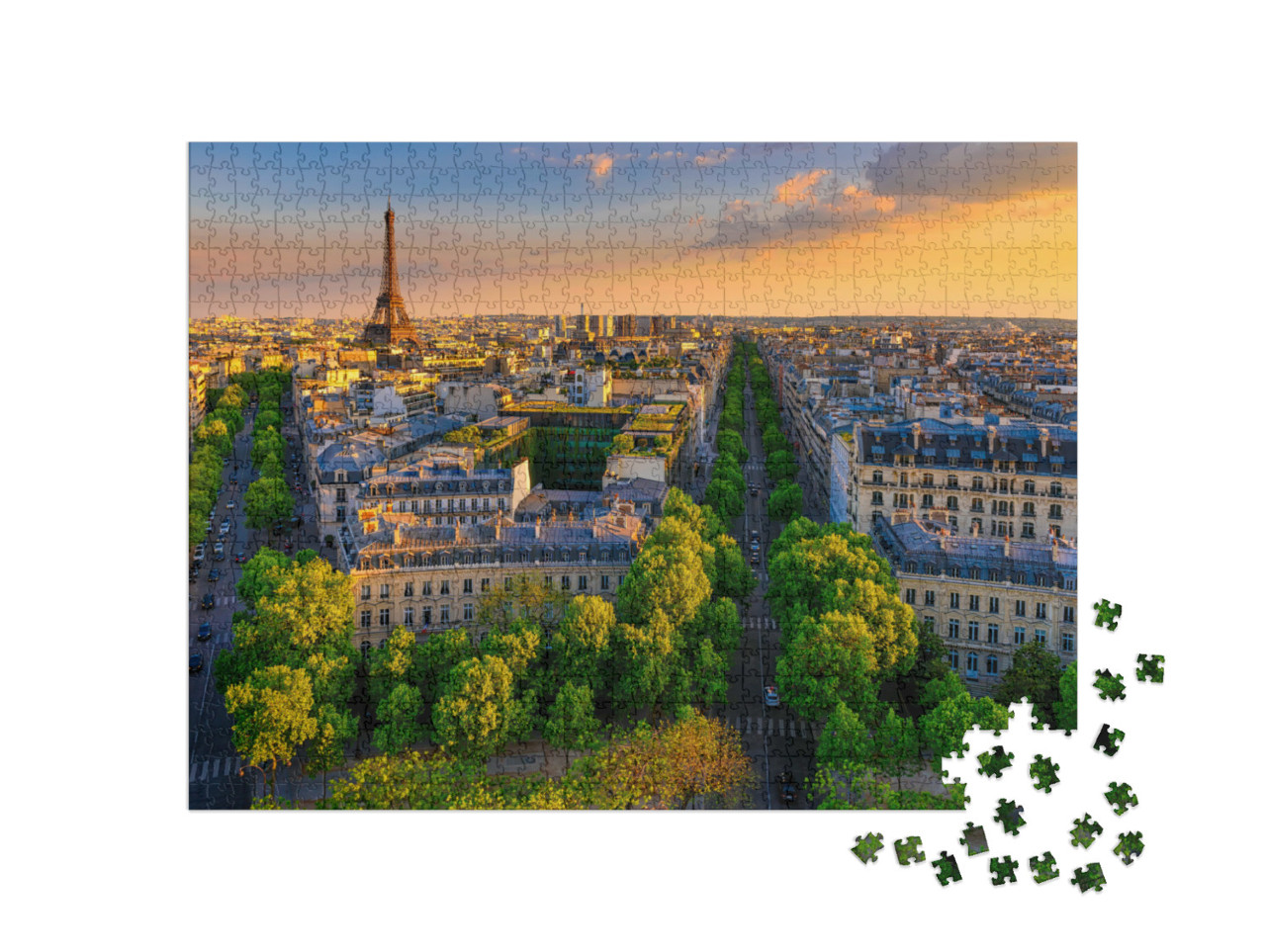 Puzzle 1000 Teile „Skyline von Paris mit Eiffelturm bei Sonnenuntergang, Frankreich“
