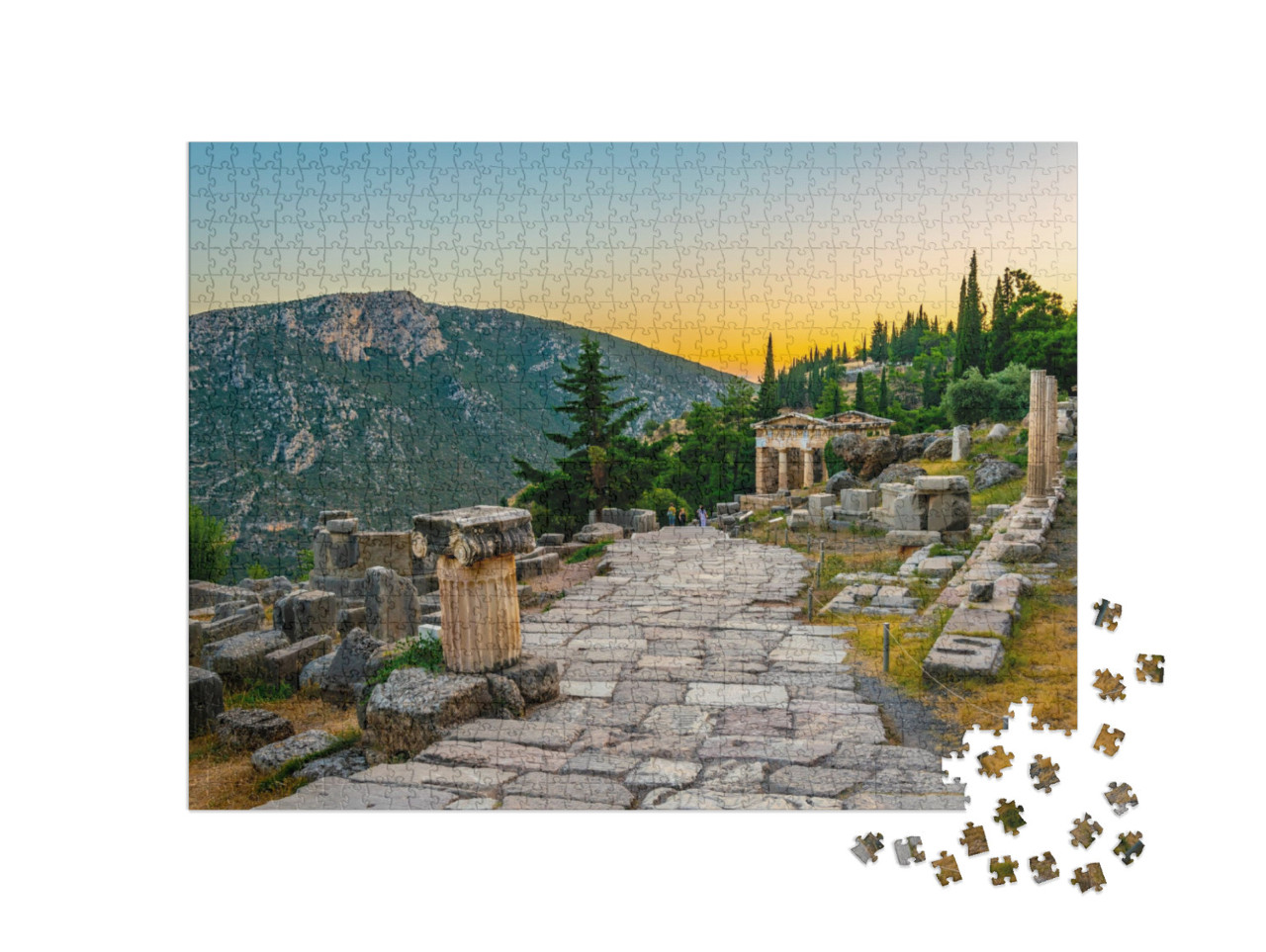 Puzzle 1000 Teile „Sonnenuntergang über Delphi, antike Stätte, Griechenland“