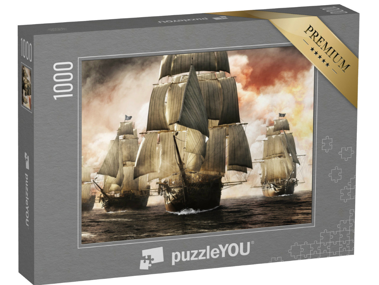 Puzzle 1000 Teile „Digitale Kunst: Piratenschiff-Flotte nach erfolgreichen Raubzug“