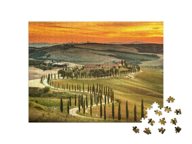 Puzzle 500 Teile „Sonnenuntergang über der Landschaft der Toskana, Italien“