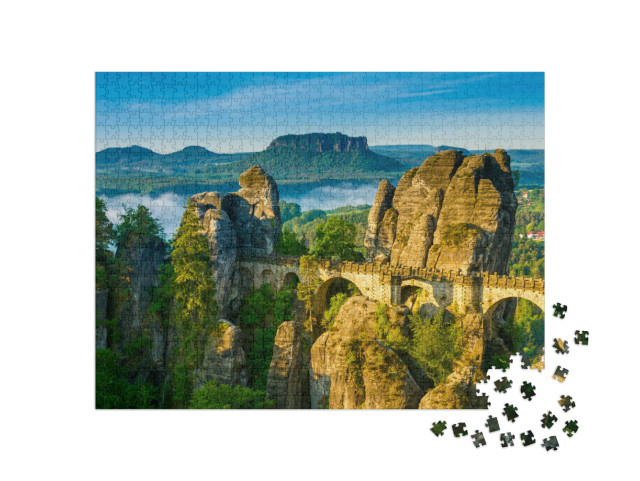 Puzzle 1000 Teile „Sonnenaufgang und Nebel an der Bastei, Sächsische Schweiz, Deutschland“