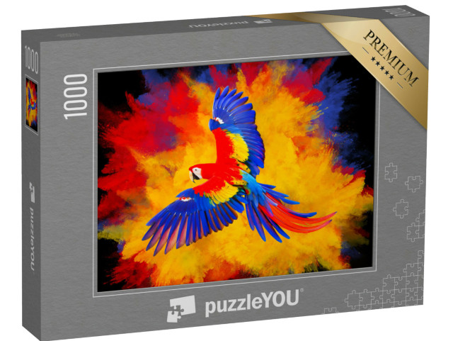 Puzzle 1000 Teile „Farbenfrohe Pulverexplosion mit fliegendem Ara-Papagei“