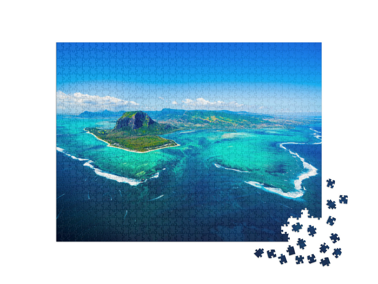 Puzzle 1000 Teile „Mauritius mit dem Mount Le Morne Brabant und Unterwasser-Wasserfall“