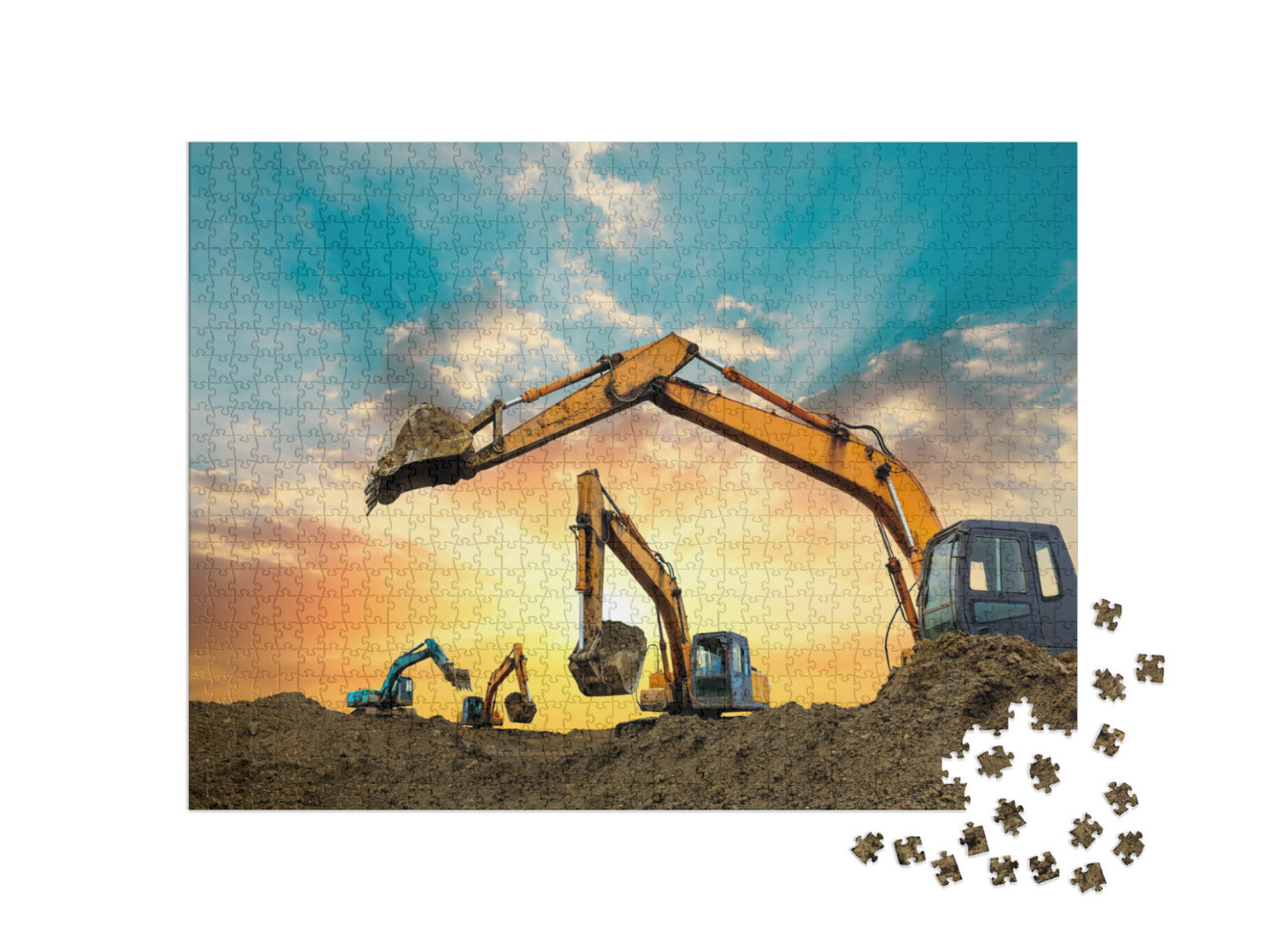 Puzzle 1000 Teile „Bagger arbeiten bei Sonnenuntergang auf der Baustelle“