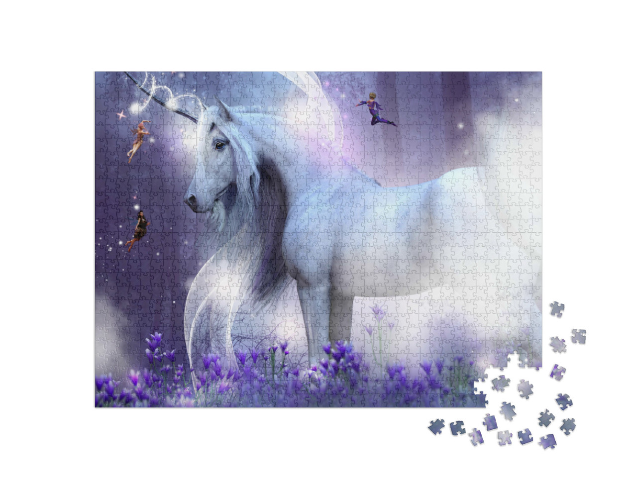 Puzzle 1000 Teile „Majestätisches Einhorn mit drei zauberhaften Feen“
