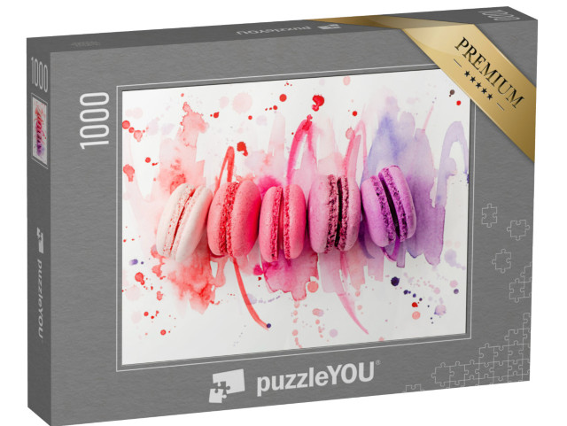 Puzzle 1000 Teile „Farbenprächtige Macarons mit passendem Aquarell-Hintergrund“