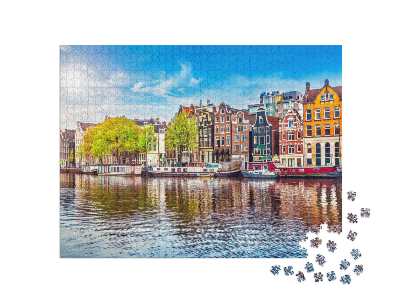 Puzzle 1000 Teile „Tanzende Häuser am Fluss Amstel in Amsterdam, Niederlande“