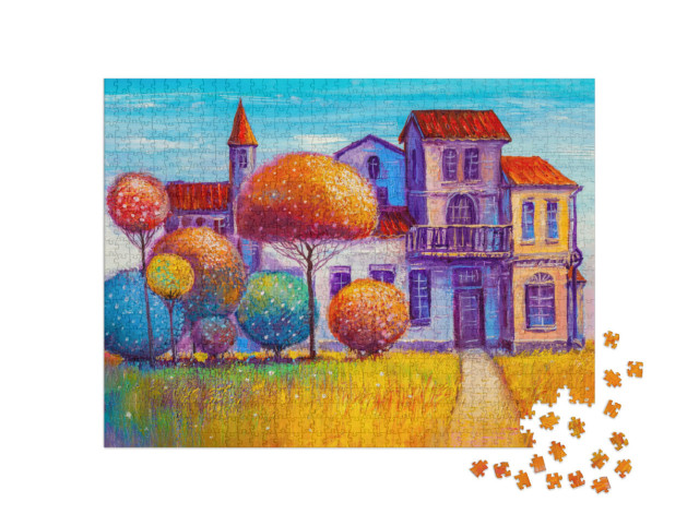 Puzzle 1000 Teile „Ölgemälde: Schönes Landhaus im Spätsommer“