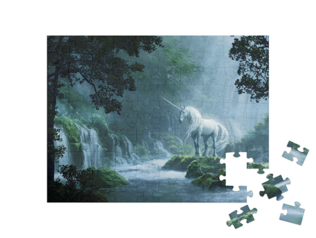 Puzzle 100 Teile „Ein schönes Einhorn in einem magischen Wald“
