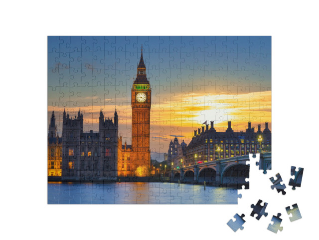 Puzzle 200 Teile „Big Ben und Westminster Bridge im Sonnenuntergang, London“