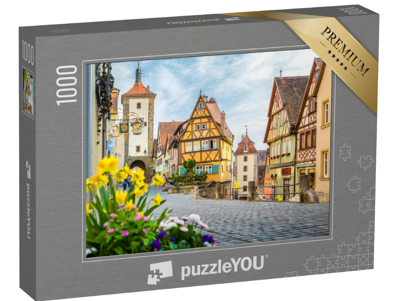 Puzzle 1000 Teile „Stadt Rothenburg ob der Tauber mit blühenden Blumen,  Deutschland“