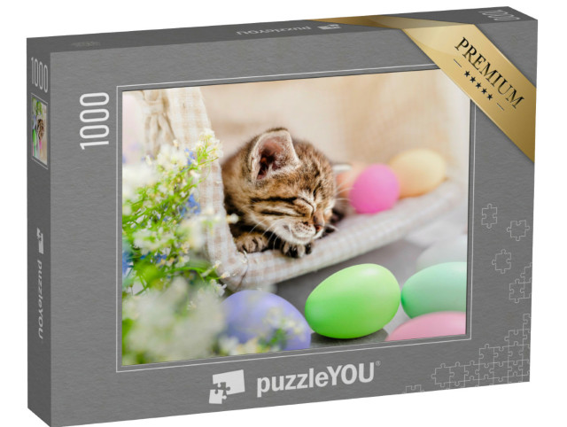 Puzzle 1000 Teile „Schlafendes Kätzchen zwischen bunten Ostereiern“