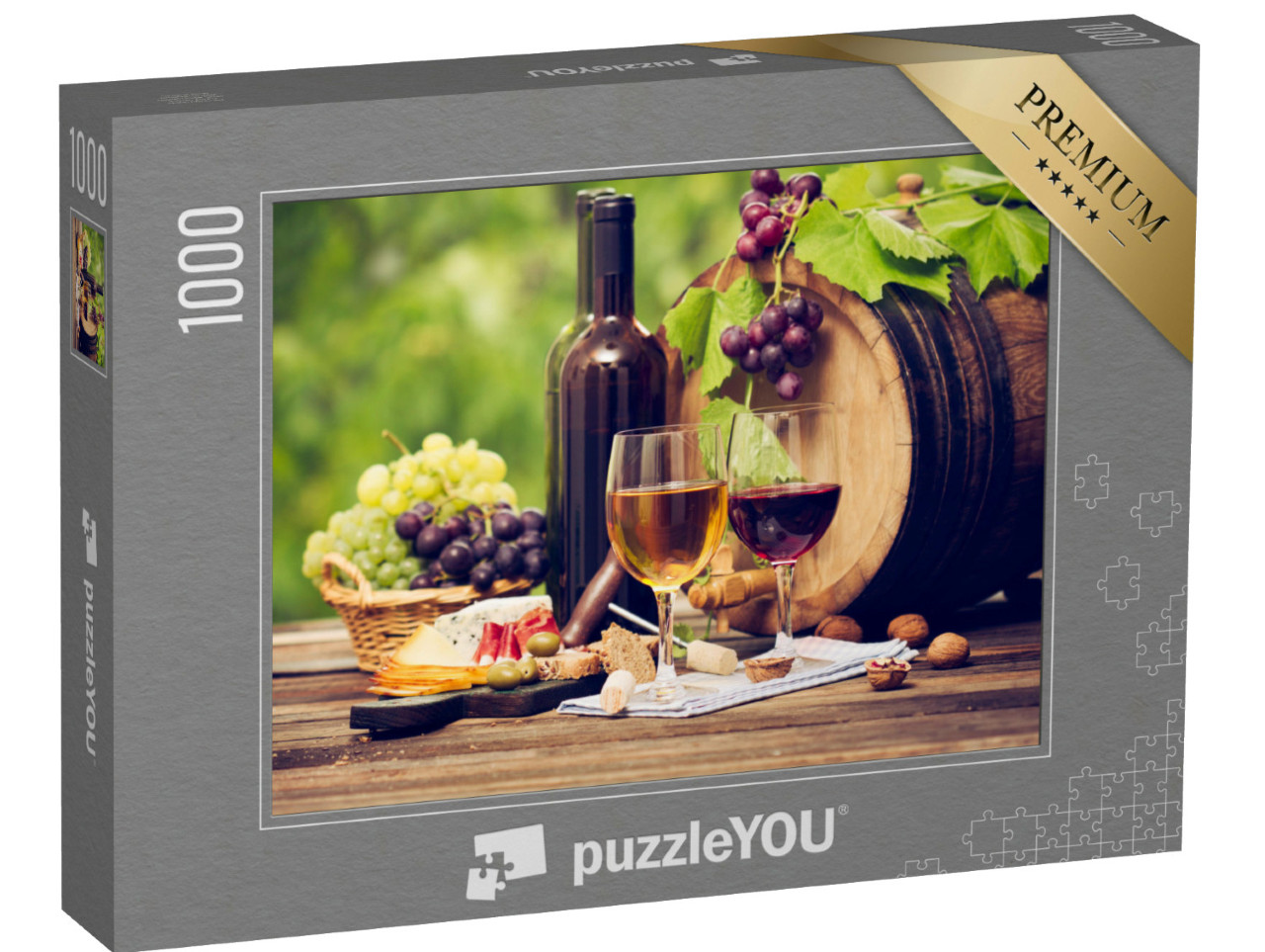 Puzzle 1000 Teile „Wein und Käse auf einem Holztisch “