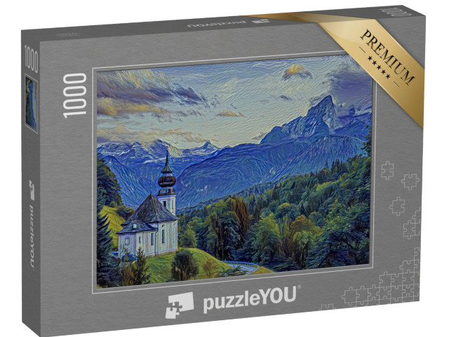 Puzzle 1000 Teile „im Kunst-Stil von van Gogh, Sternennacht - Watzmann mit Kirche Maria Gern“