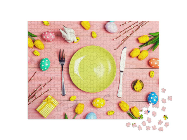 Puzzle 1000 Teile „Gedeckter Tisch mit Besteck und Osterdekoration“