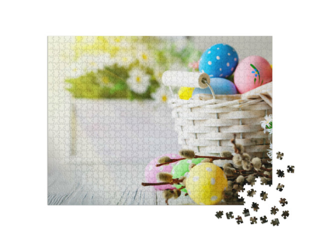 Puzzle 1000 Teile „Frohe Ostern! Wunderschöne Ostereier im Korb“