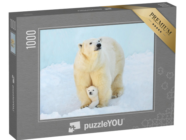 Puzzle 1000 Teile „Ein Eisbär mit einem kleinen Bärenjungen im Schnee“