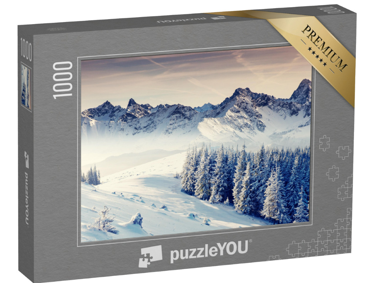 Puzzle 1000 Teile „Fantastische Winterlandschaft. Dramatisch bedeckter Himmel. Kreative Collage. Welt der Schönheit“