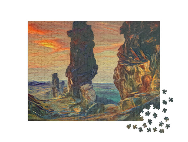 Puzzle 1000 Teile „im Stil von Edvard Munch, Der Schrei - Teufelsmauer im Harz, Deutschland“
