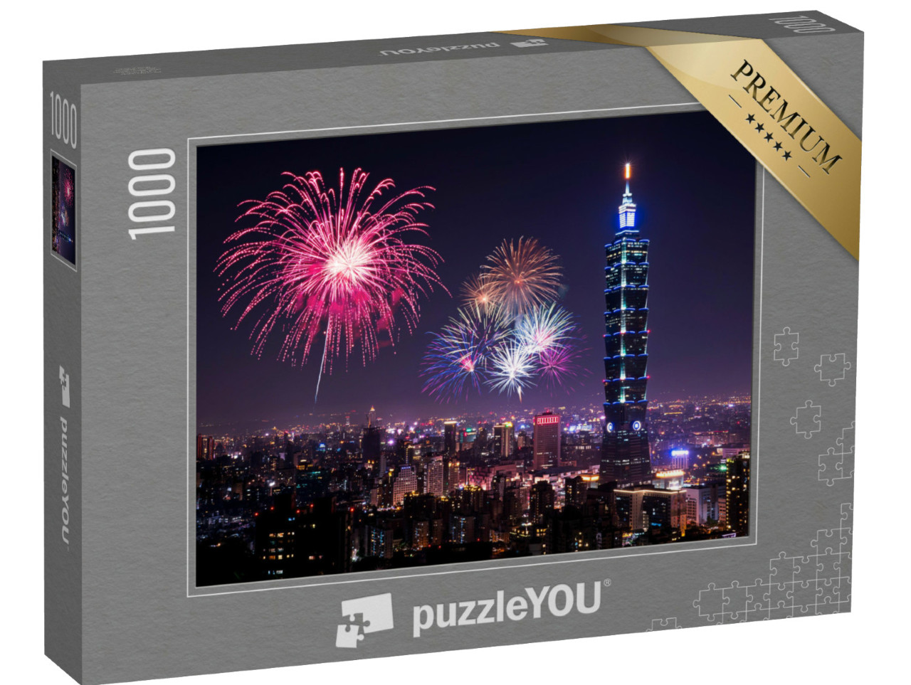 Puzzle 1000 Teile „Skyline Taipehs mit Feuerwerk“