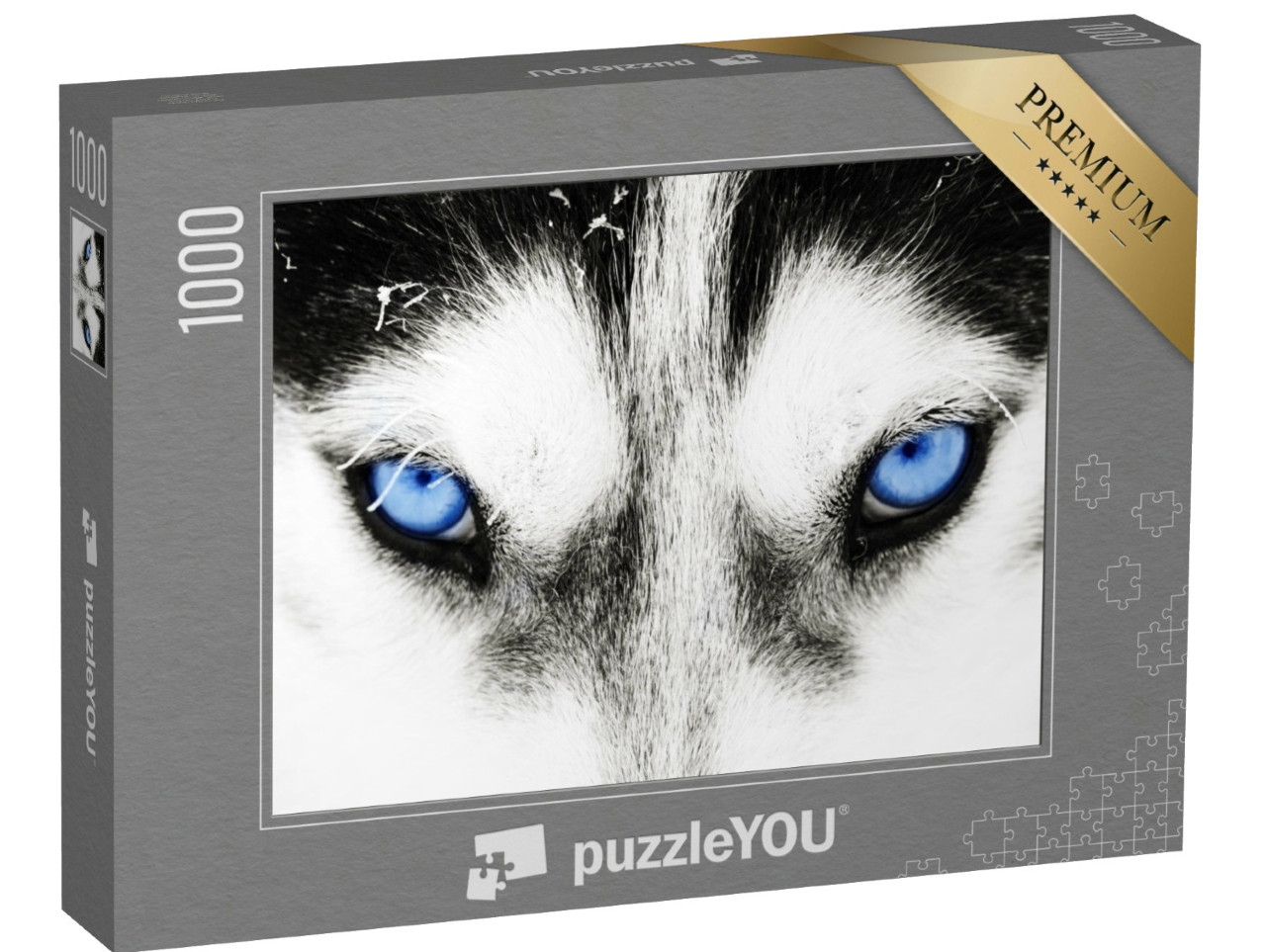 Puzzle 1000 Teile „Nahaufnahme: Die blauen Augen eines Husky-Hundes“